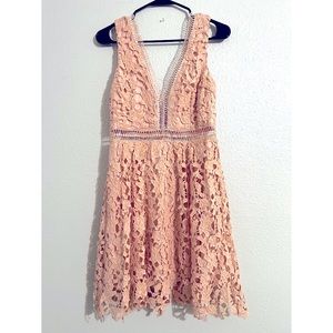 AQUA Lace Double V neck Dress with Lace Trims